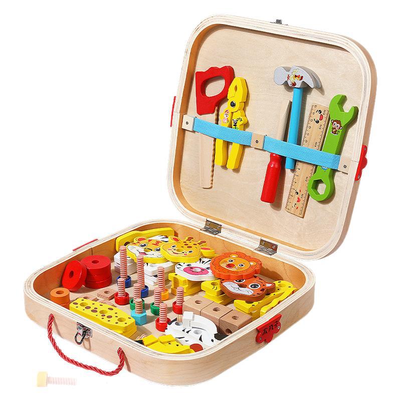 Caja de herramientas infantil de educación temprana, tornillo, tuerca, desmontaje, madera, bloques de construcción para niños y niñas, caja de almacenamiento portátil, juguetes