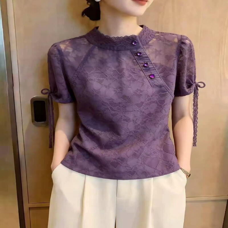 Light Mature Style Purple Lace-Up Short-Sleeved T-Shirt Shirt for Women 2026 Summer New High-End Hong Kong Style Slimming Top Light Mature Style Purple Lace-Up Short-Sleeved T-Shirt Shirt for Women 2026 Summer New High-End Hong Kong Style Slimming Top
