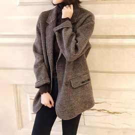 毛呢小西装呢子外套女秋季新款韩版潮ins百搭宽松格子图片色氨纶