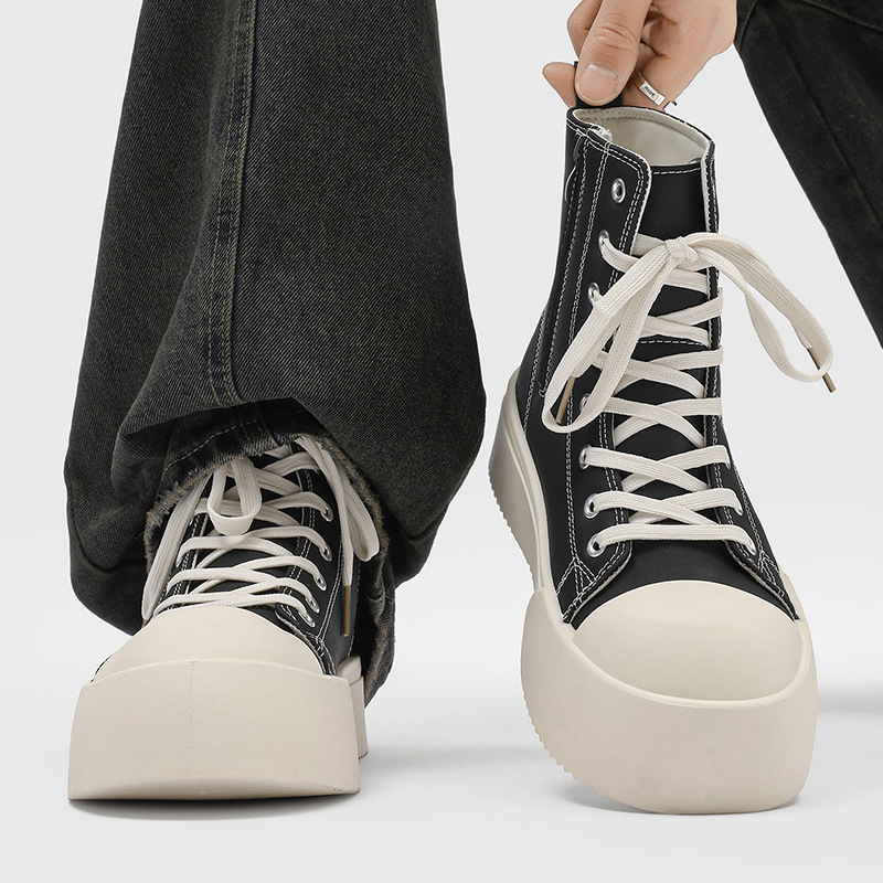 High-Top Shoes for Men, Winter Minimalist Large-Toe Sneakers with a Creamy Sole, High-Street Thick-Soled Derby Shoes, Trendy Men's Commuting Casual Leather Shoes