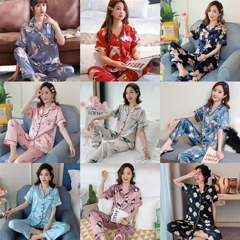 Pijamas de mujer de primavera, verano, Otoño e Invierno Four Seasons pantalones de manga corta Chaqueta de punto de seda artificial de comercio exterior solapa ropa para el hogar más tamaño