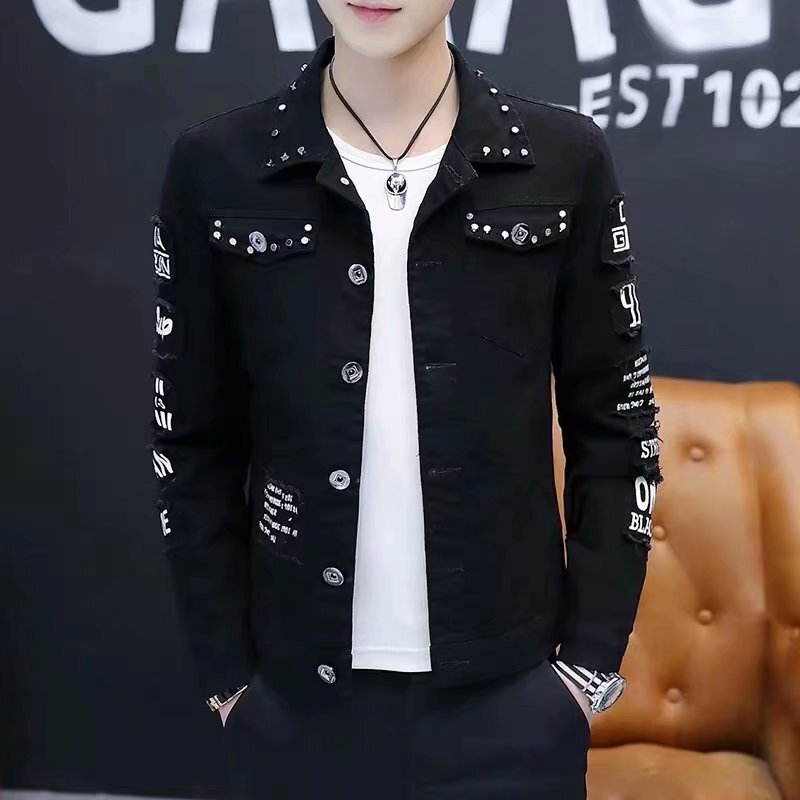 Denim jacket men's new Korean-style slim-fit handsome top autumn trendy thin rivet personality Denim coat men