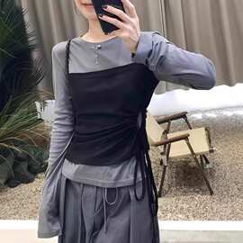 早秋巨好看假两件长袖t恤女秋季大码胖MM显遮肉高级感上衣