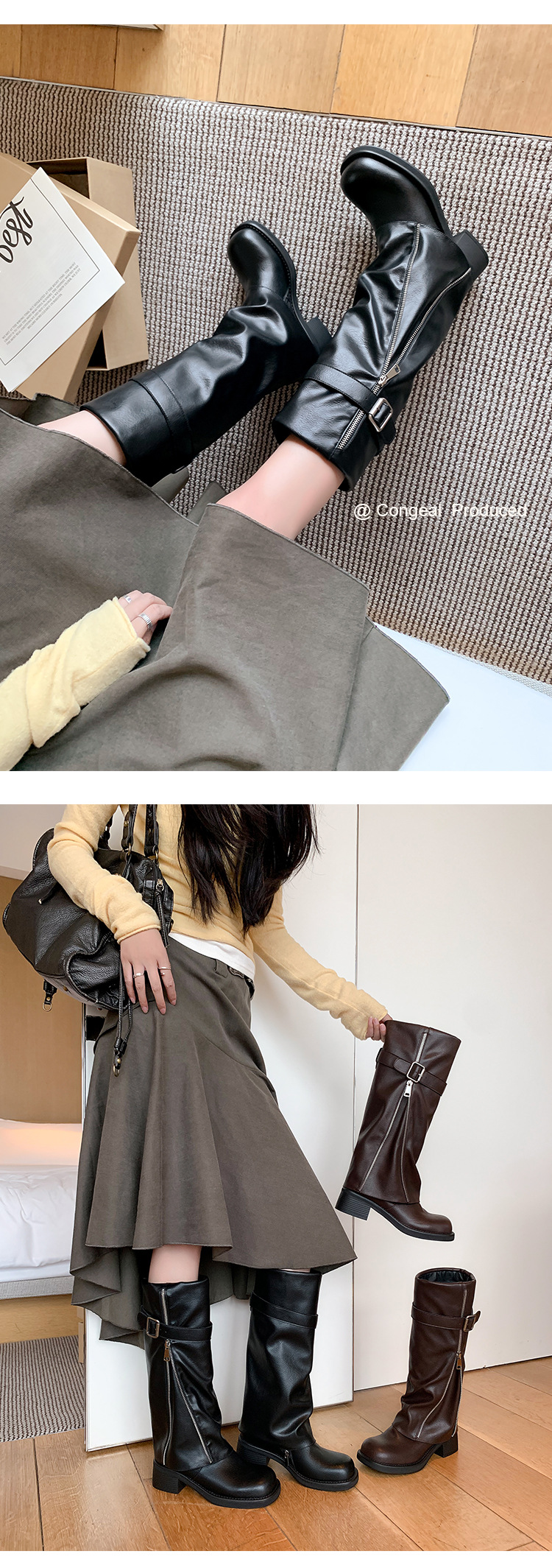 Boot nữ cổ cao ôm bắp chân da thật mũi tròn gót vuông Chunky khóa thắt lưng — màu đen, nâu đậm chi tiết 20