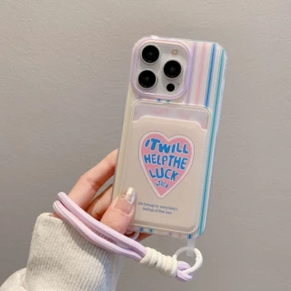 适用苹果15PROMAX条纹爱心手机壳 iphone16PRO编织挂绳卡通保护套