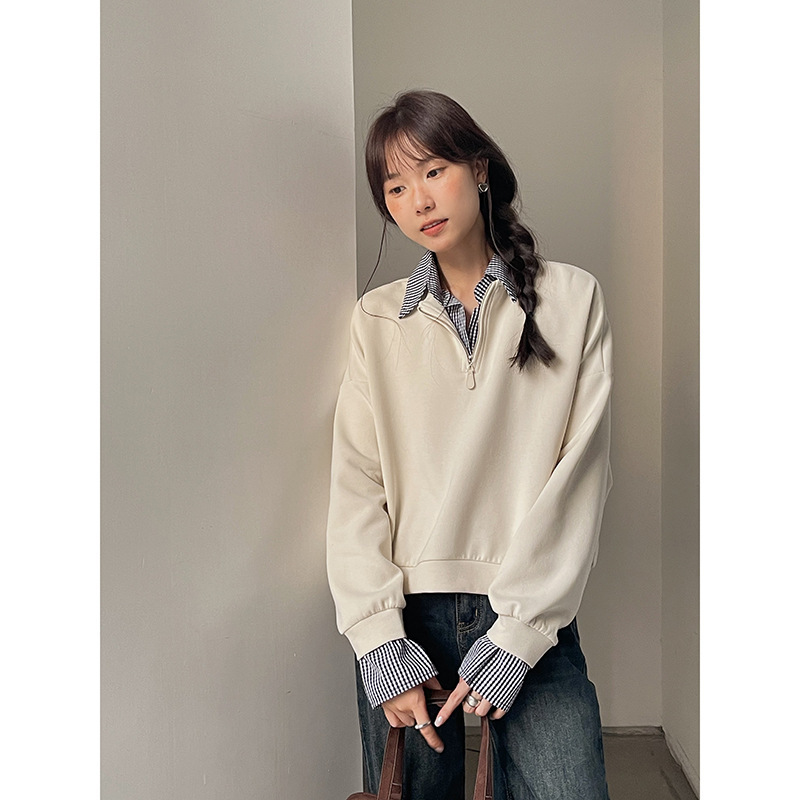 [Miu Style Sweatshirt 2 Colors] Ge Ming Korean Fake Two-Piece Spliced Plaid Sweatshirt Women's Autum Top N214B