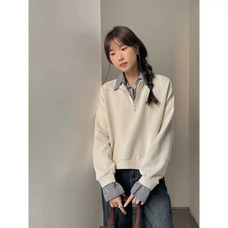 【miu风卫衣 2色】歌铭韩系假两件拼接格子卫衣女装秋季上衣N214B