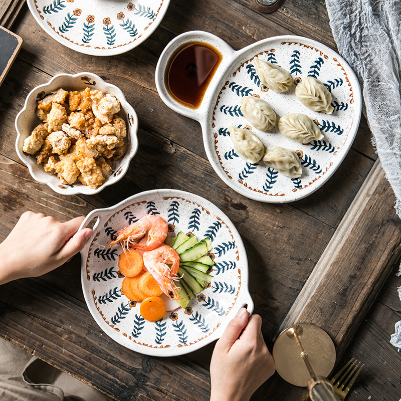 日式复古风创意粗陶餐具 家用饭碗盘子 釉下彩手绘盘沙拉碗