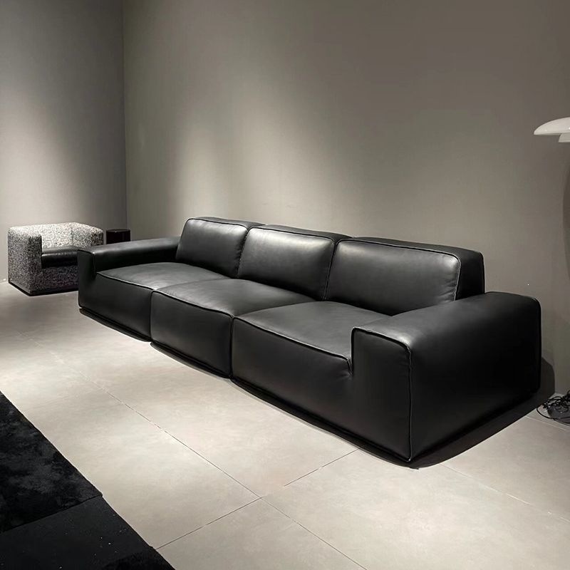 New Model of Black Leather Sofa, Italian Minimalist Modern Simple Living Room Genuine Leather Block-Shaped Straight-Row Latex Sofa