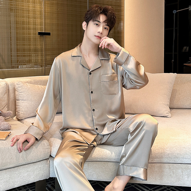 Solid Color Men's Home Clothes High-grade Trim plus size Can Wear Outer Long Sleeve Trousers Thin Spring and Autumn New Men's Pajamas