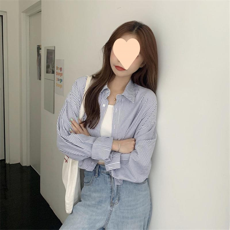 韩版高腰上衣女竖条纹短款刺绣衬衫慵懒风计感长袖晒衬衣外套潮|undefined