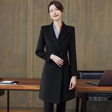 藏青色时尚职业大衣女双排扣修身中长款加厚夹棉呢大衣物业工作服