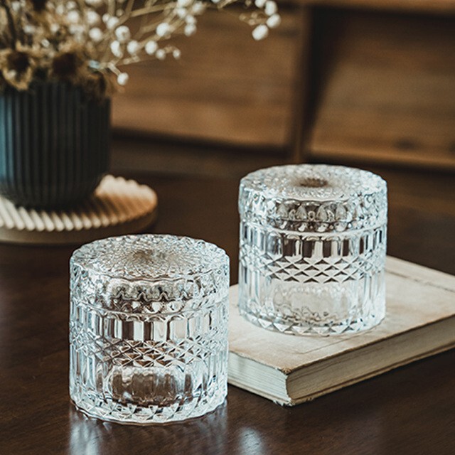 Ins Style Transparent Glass Dust-Proof Jar Jewelry Storage Box Cotton Swab Storage Box Embossed European Style Storage Box