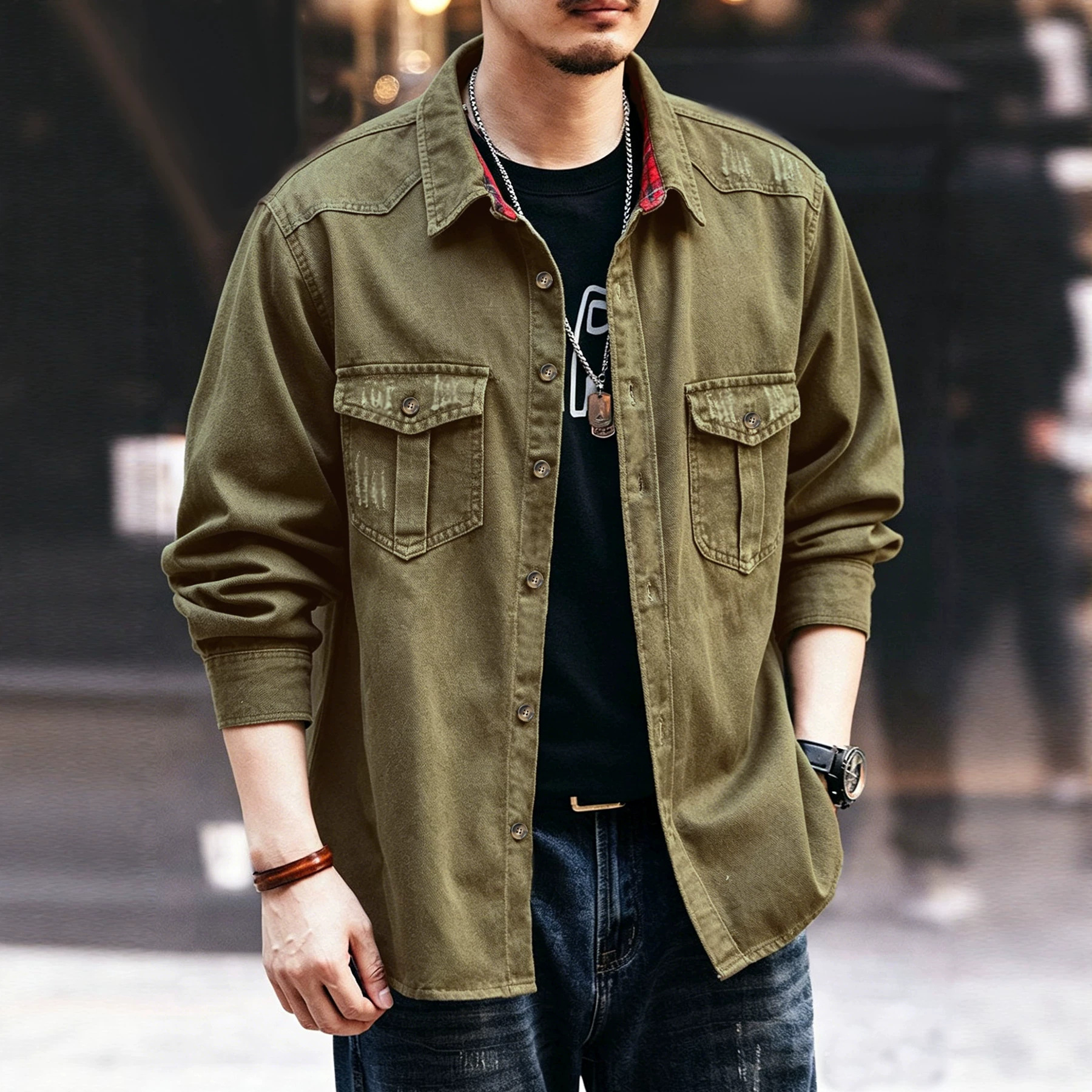 Men's Vintage Loose Fit Work Shirt, Spring Casual Plaid Long Sleeve Shirt For Big & Tall, Military Green_viptrois.com