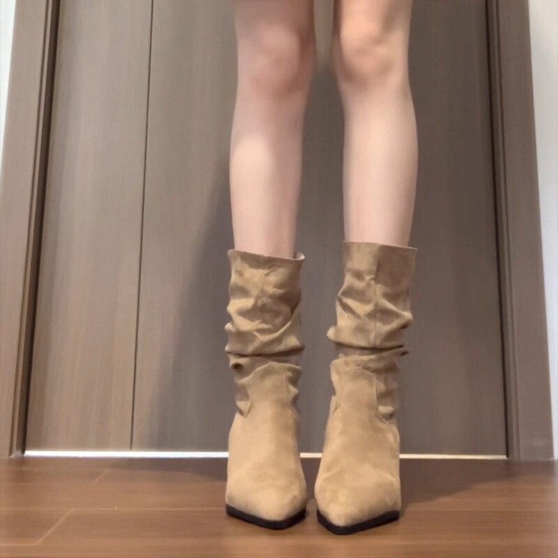 牛皮版~复古尖头高跟中筒靴女绒面磨砂西部牛仔靴细跟褶皱堆堆靴|undefined