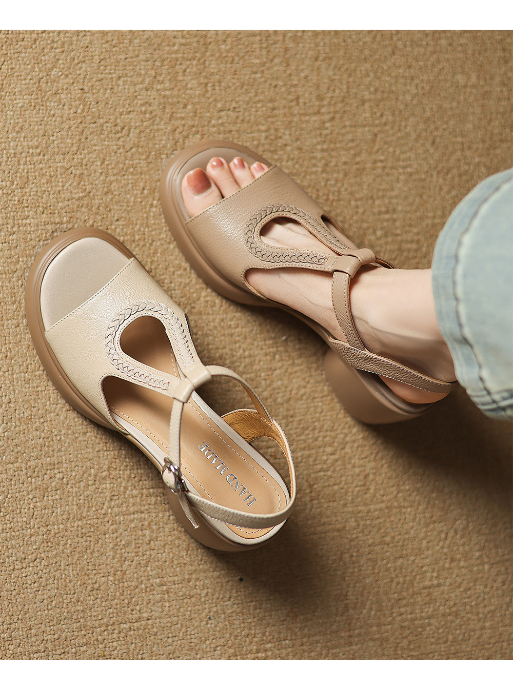 Sandal cao gót nữ phong cách La Mã, gót 8 cm, đế dày, da cừu mềm — Màu trắng be chi tiết 2