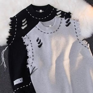 Fall 2023 new American-style high street damaged frayed vest sweater men's round neck vest sweater coat