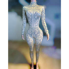 跨境新款奢华水钻高腰塑身连体裤舞台杂技表演服时尚club休闲套装