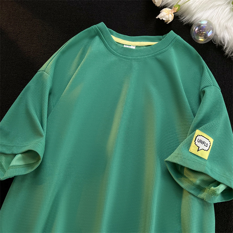 Waffle pesada manga corta verano de los hombres suelta cuello redondo Camiseta marca de moda etiquetado simple moda media manga pareja camiseta