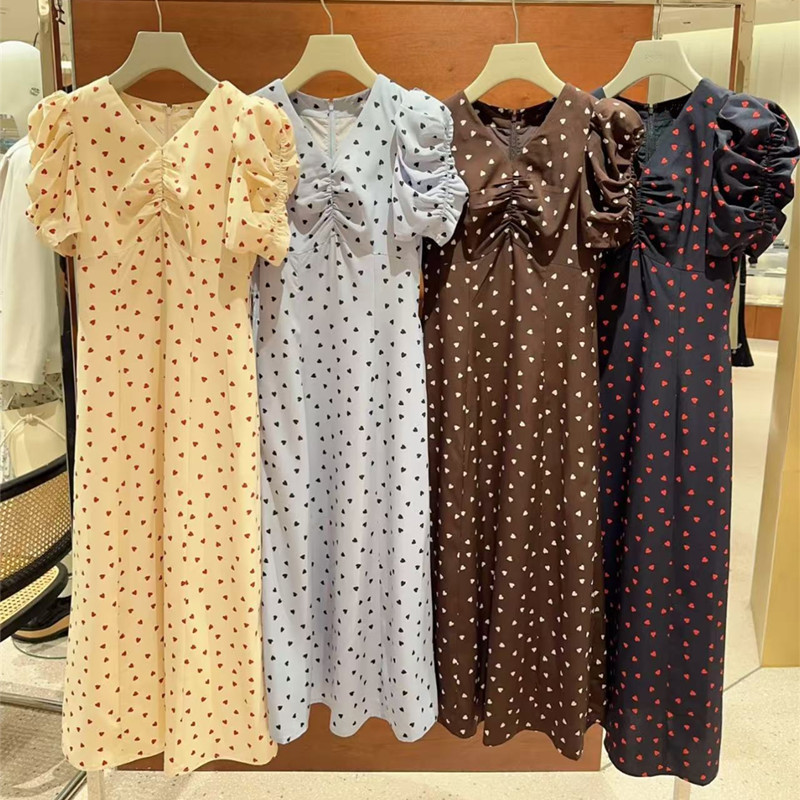 Japanese S Home 2025 Summer New Casual V-Neck Love Printing Bubble Sleeve Tea Break dress SWFO251252