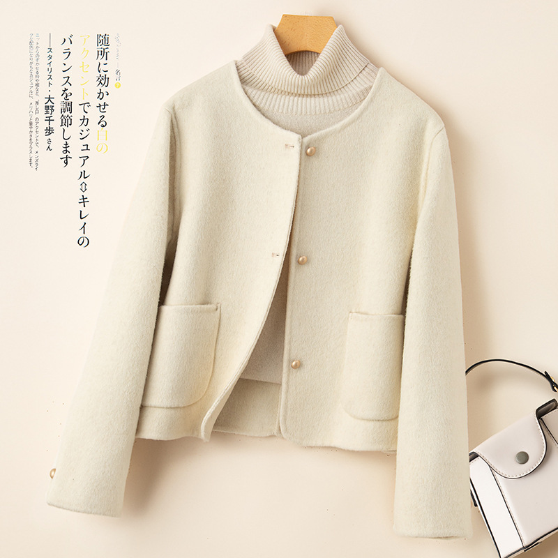 Autumn and Winter New Style Small Fragrant White Double-Sided Cashmere Outwear Women's Short Small Round Neck Age-Reducing Woolen Outwear