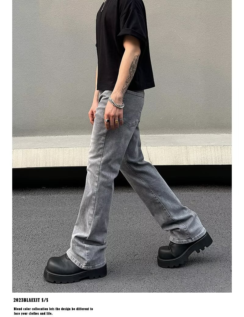 Men's Gray American Streetwear Vintage Wash Flared Jeans, Relaxed Fit Bootcut Denim Pants With Distressed Details For Urban Fashion_mkmklike.com