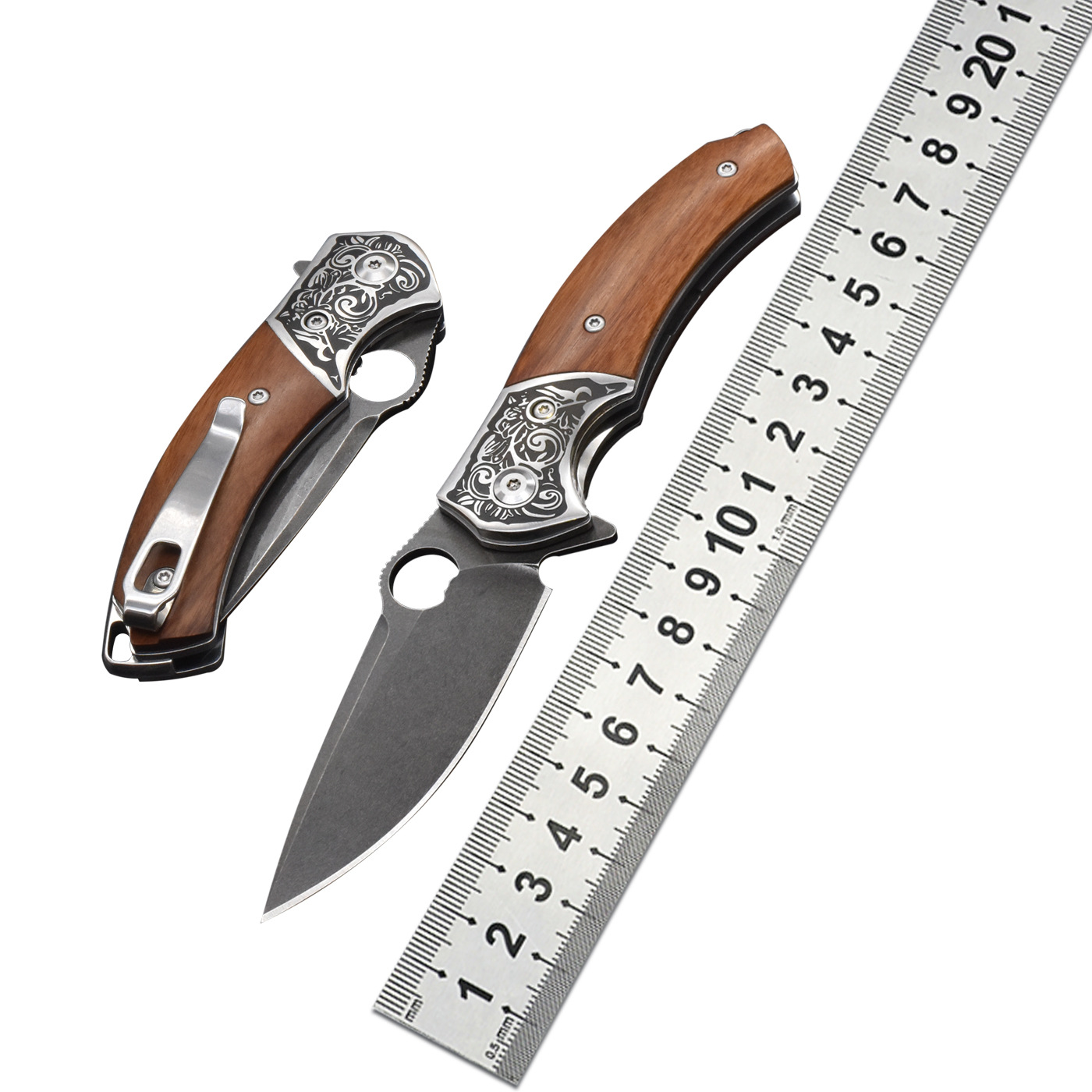 翼龙乌兹钢沙铁木手柄雕花折刀口袋折叠刀户外求生便捷防身水果刀