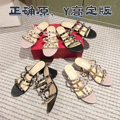 高品質ウォレンリベットキング太ヒールスリッパ夏アウターオープントゥミディアムヒールフラットスリッパ
