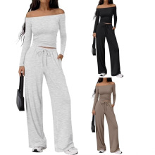 女式居家休闲套装秋冬季亚马逊欧美女装新款罗纹长袖一字肩两件套