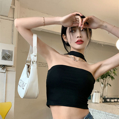 Hot girl halter neck camisole women's summer  new style inner and outer wear black slimming pure lust style short top