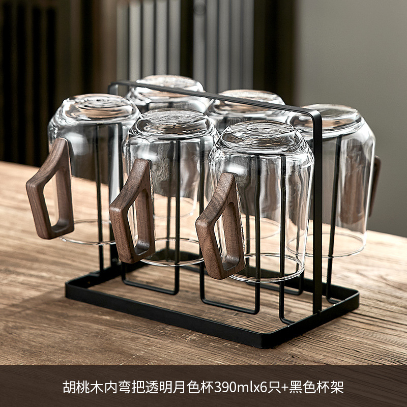 [월넛 내부 곡선 손잡이] 투명 달빛 컵 390ML/6개 + 컵홀더