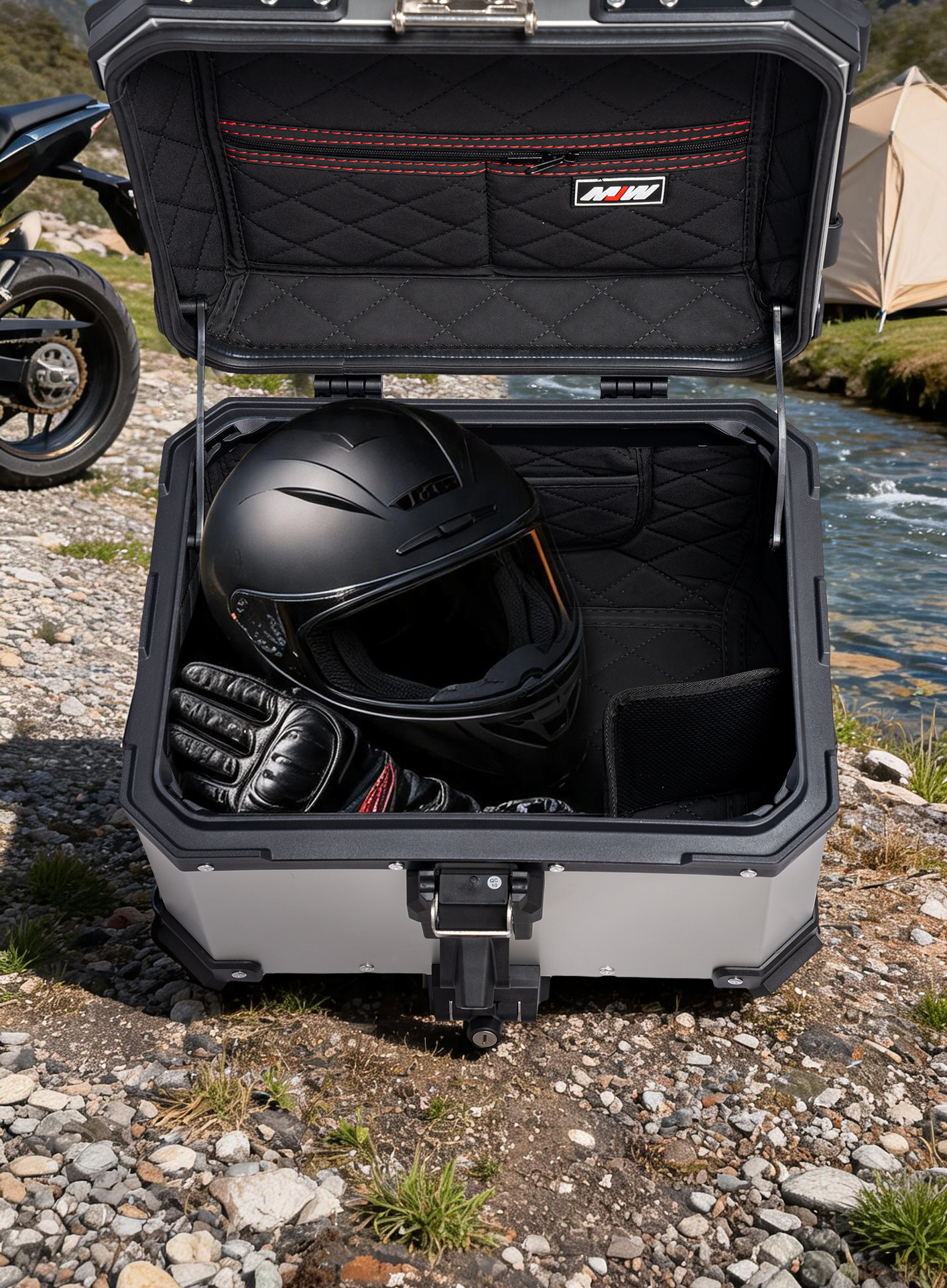 Mjw Embossed Anodized Silver Bm Lock 45L55L Quick-Release Motorcycle Aluminum Alloy Tail Box Waterproof Trunk Storage Box