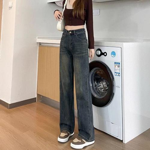 Autumn/Winter Vintage Wide Leg American Style High-Waisted Skimming Trousers for Women, Tall-Showing, Loose Straight Leg Ground-Long Pants