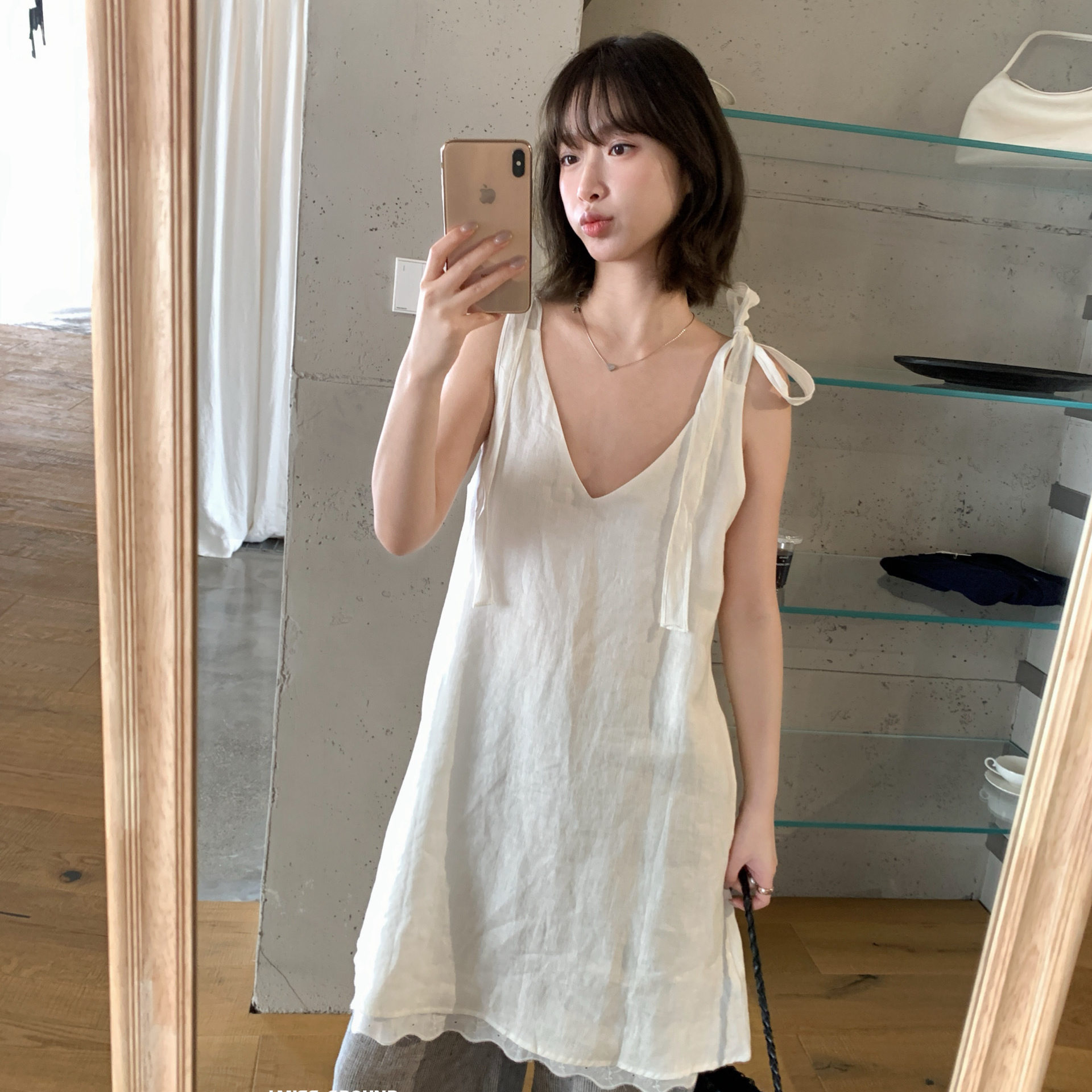Đầm maxi nữ thắt eo cổ V tay không ren viền linen phong cách Hàn Quốc — màu hồng, màu trắng, xanh lá cây, Bột cam