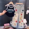 Summer set, uniform, fashionable T-shirt, jeans with letters, suitable for teen