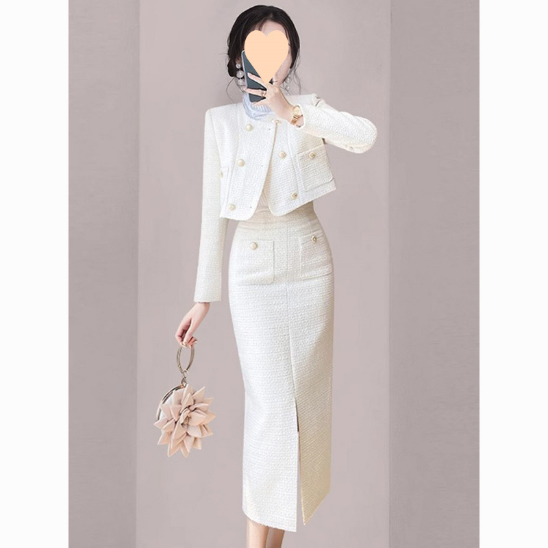 Women's White Two-Piece Set for Autumn/Winter - Fashionable Semi-Skirt Suit with Exquisite French Style, Professional Commute, Chic and Elegant