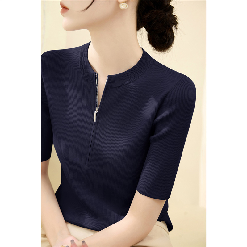 Shoulder Half Open Collar Middle Sleeve Knitted Base Shirt Women's Early Autumn 2024 New Lyocell Zipper Design Thin Top