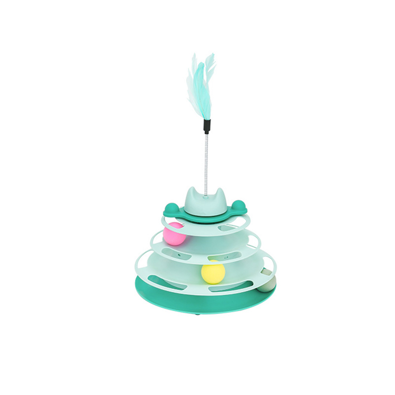 Nueva mascota gato divertido cuatro capas pista de plástico con pluma desmontable gato juguete auto-Hola tocadiscos divertido gato palo venta al por mayor