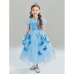 外貿女童灰姑娘公主裙批發短袖Frozen艾莎連衣裙表演服蝴蝶款紗裙