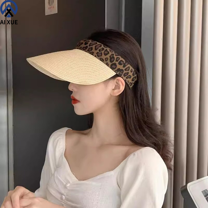 여름 올 매치 빈 탑 모자 한국 패션 트렌드 차양 모자 대형 브림 얇은 밀짚 모자 비치 레오파드 무늬 여성 태양 모자