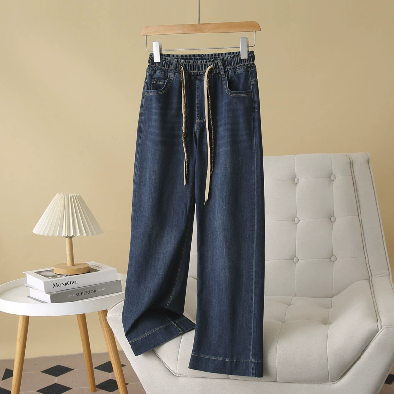 Джинсы с эластической талией плюс размер женщины 2025 новый толстый летний ММ мода свободные тонкие прямые брюки 063
