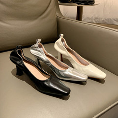羊皮高跟鞋女淺口單鞋春季新款銀色試試全皮方頭細跟工作鞋女單鞋