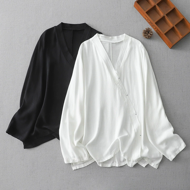 Ретро хлопок и лен, женская чайная одежда в китайском стиле в стиле дзен, буддийские топы с косыми лацканами, одежда большого размера для мирян, повседневные рубашки для йоги, осень