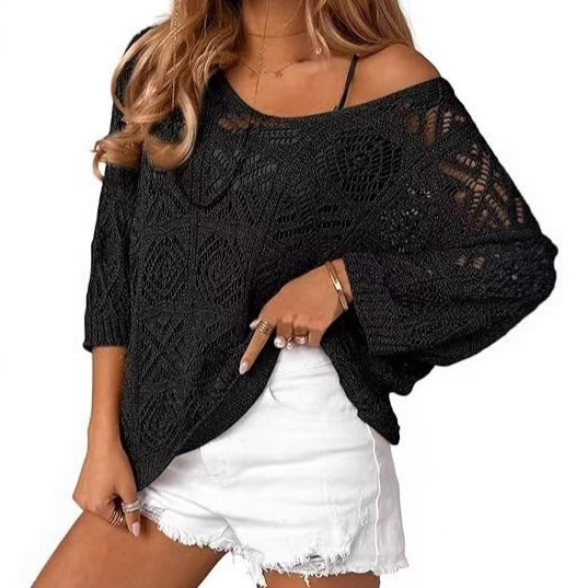 Foreign Trade Cross-Border Amazon Tk European and American Spring and Summer New Style Cut Out Pullover Three-Quarter Sleeve Loose Off-Shoulder Knitwear Blouse