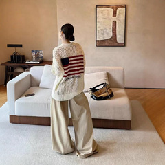 高版本~克罗国旗毛衣2025早秋新款宽松大版薄款镂空长袖针织衫女
