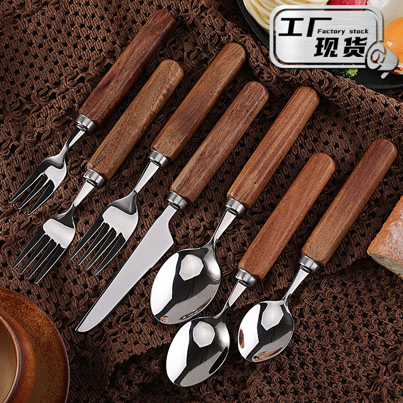 Factory Spot Acacia Wood Handle Western Food Knife, Fork, Spoon, Coffee Spoon 304 Stainless Steel Tableware Steak Knife and Fork Set