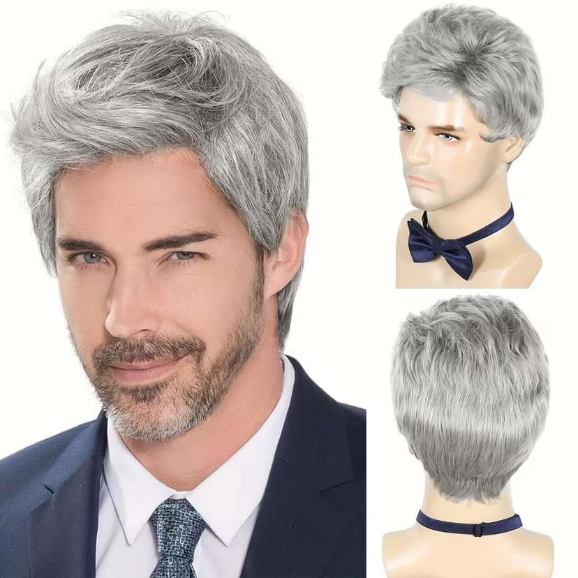 Exklusive Hochtemperatur-Seidenperücken für Herren, grau, Seitenscheitel, kurzes Haar, modisches Styling, synthetische Haarverlängerungen_voghion.com