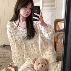 韓国insさん新商品春秋レースvネック甘美砕花ゆるい春の家庭服パジャマセット卸売り