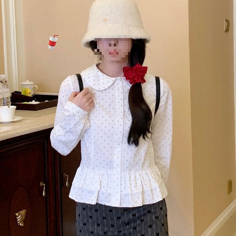 花边早春双层长袖日系miu小个子软妹设计上衣感系波点娃娃领衬衫|undefined
