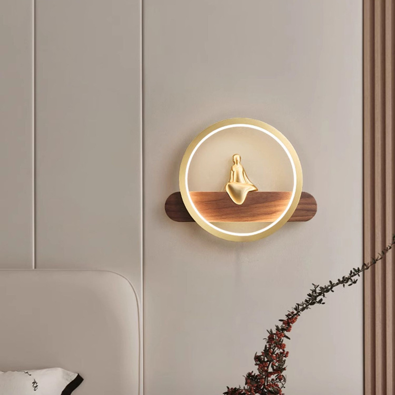 lámpara de pared nueva cabecera lámpara de cabecera LED de fondo de pared de nuez de bronce de fondo de nuez de melocotón circular Zen invitado
